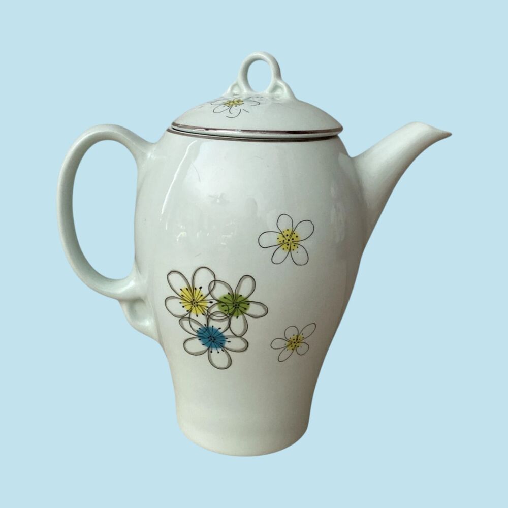 Vtg Nobility Mist Tea Pot Atomic Flowers Blue Green MCM Permaware